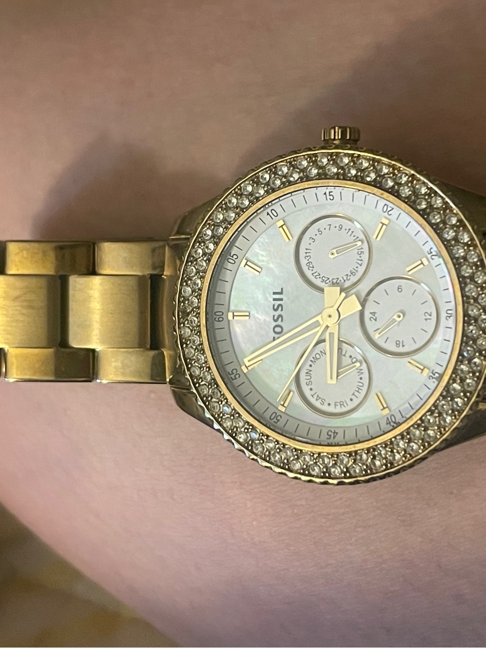 Fossil Gold-Tone Crystal Accent Women's Watch with Mother-of-Pearl Dial